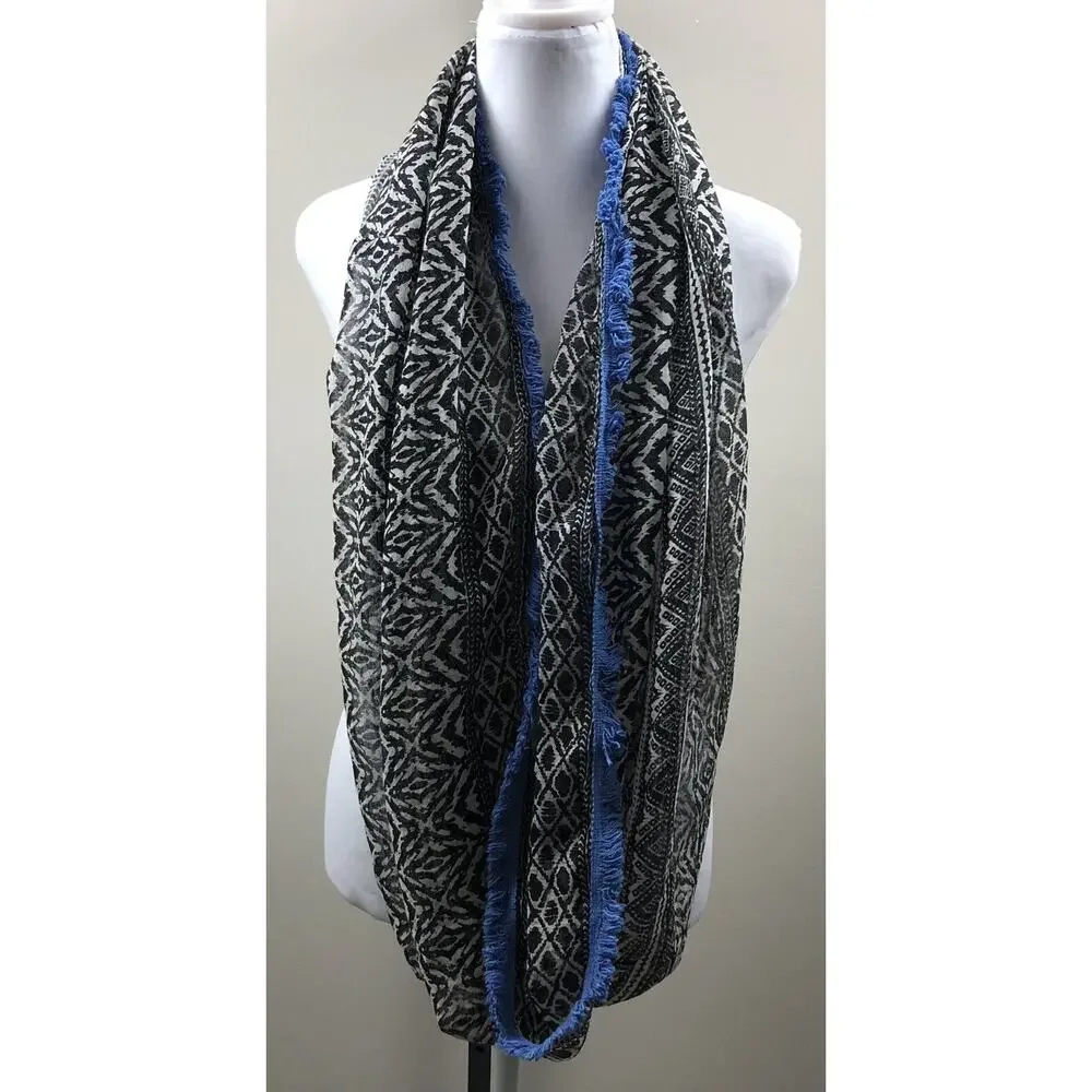 American Eagle Infinity Scarf B/W Sheer Blue Crochet Trim Boho Aztec 100% Cotton